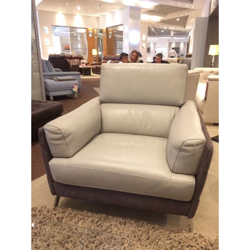 Leather & fabric armchair, gorgeous, brand new, ex display package & haven't the room