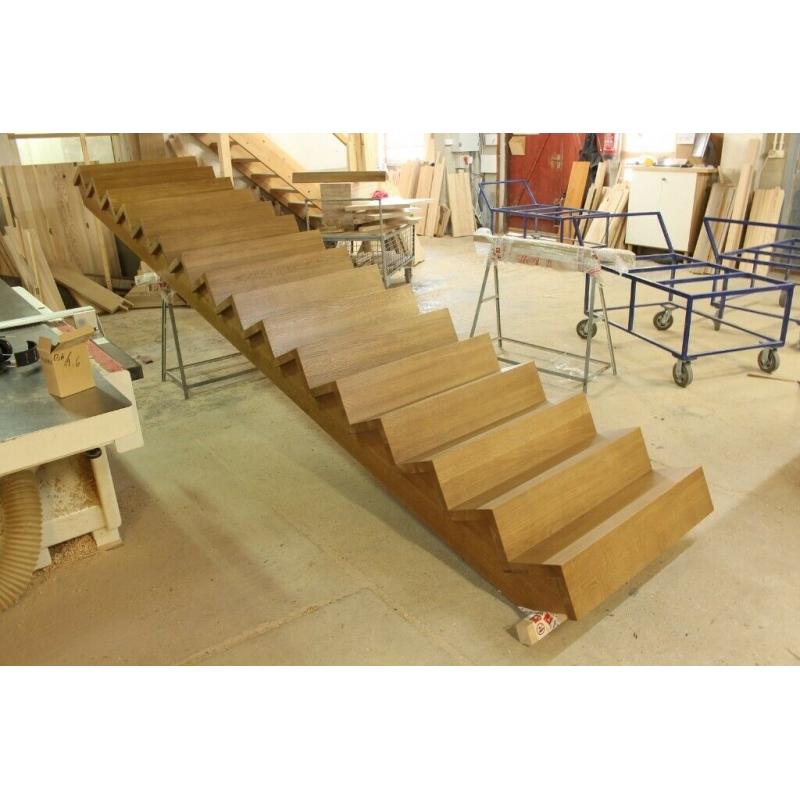 Self Supporting Wooden Stairs Solid Oak Stained Brown Colour Treads Risers Steps