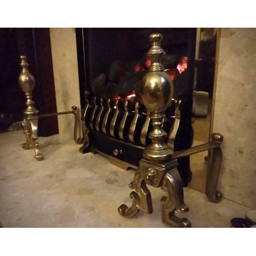 A Fantastic pair of Antique, heavy, solid brass decorative lion mask Fire-dogs/Andirons. c1920