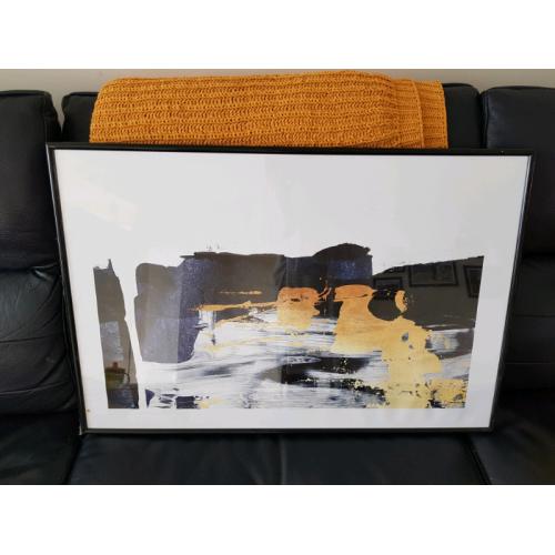 Navy and gold abstract print in large frame