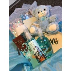 Gift basket/ hamper, teddy bear, make up, fragrance, self care, goodies, perfume, spray,