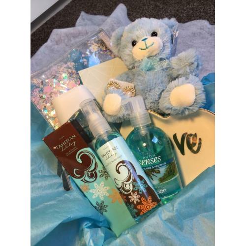 Gift basket/ hamper, teddy bear, make up, fragrance, self care, goodies, perfume, spray,
