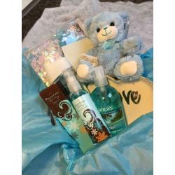 Gift basket/ hamper, teddy bear, make up, fragrance, self care, goodies, perfume, spray,