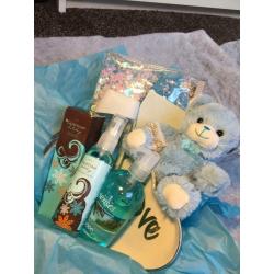Gift basket/ hamper, teddy bear, make up, fragrance, self care, goodies, perfume, spray,