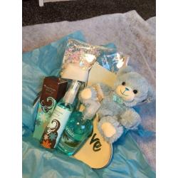 Gift basket/ hamper, teddy bear, make up, fragrance, self care, goodies, perfume, spray,