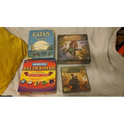 Board games, all new - Cosmic encounters, Balderdash, Catan seafarers expansion, Duel (7 Wonders)