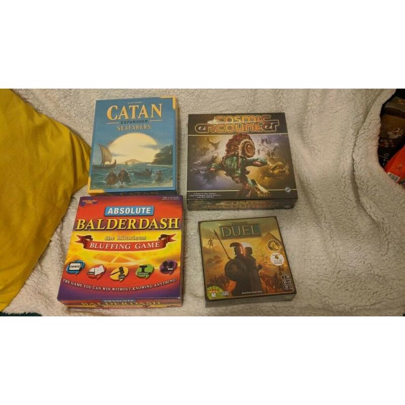 Board games, all new - Cosmic encounters, Balderdash, Catan seafarers expansion, Duel (7 Wonders)