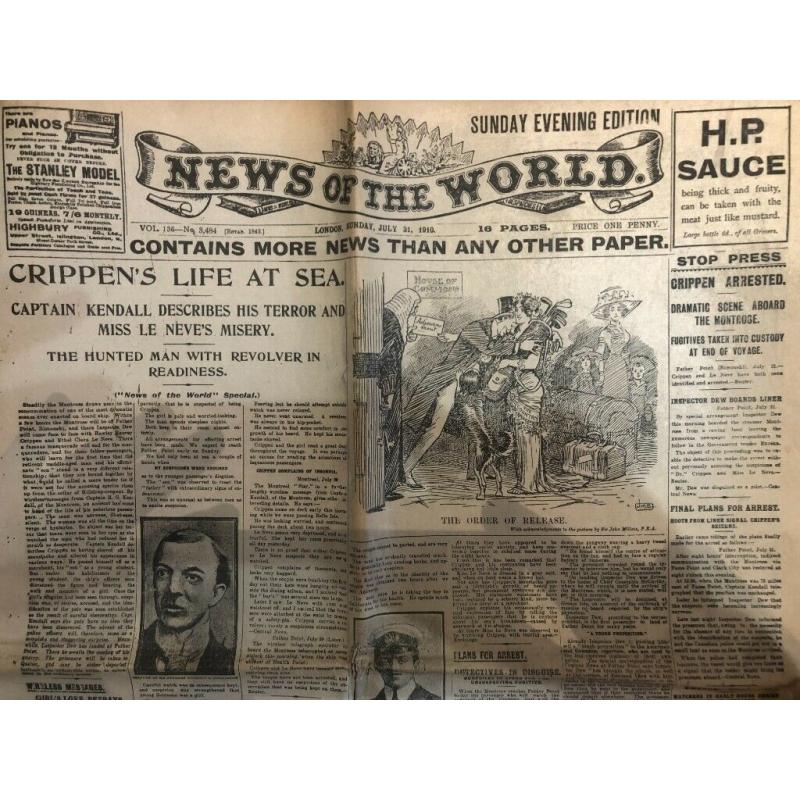 Genuine and Complete News Of The World dated the 31st of July 1910
