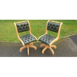 2 Vintage Parliament Green Leather Chesterfield Captains Chairs