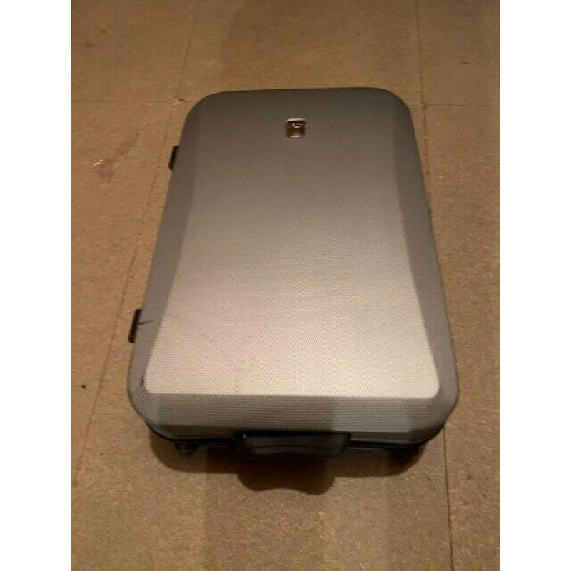 Silver medium sized hard shell suitcase