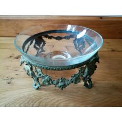 VINTAGE French Pattern Cast Metal Stand Green Gold Ornate Decorative Embossed Design & Glass Bowl