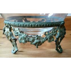 VINTAGE French Pattern Cast Metal Stand Green Gold Ornate Decorative Embossed Design & Glass Bowl