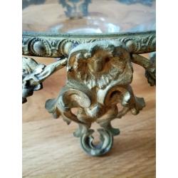 VINTAGE French Pattern Cast Metal Stand Green Gold Ornate Decorative Embossed Design & Glass Bowl