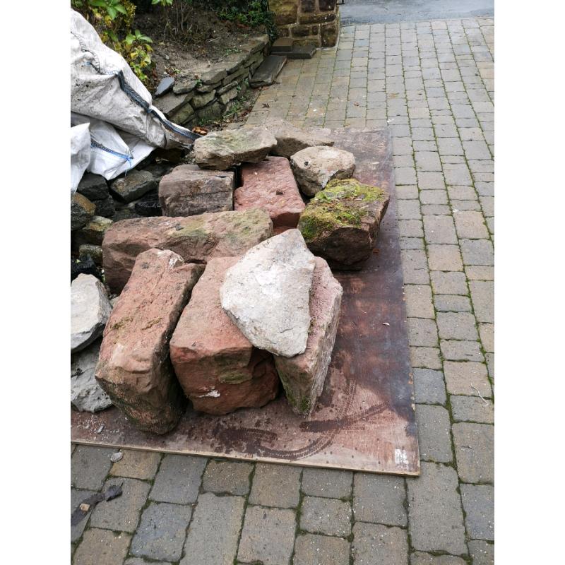 Red sandstone walling mostly square pieces over 3 tons