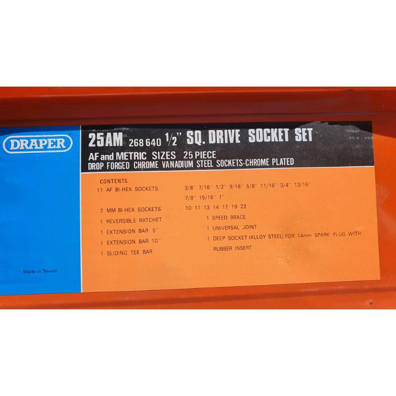 Draper 25 piece 1/2" drive socket set comes with metal case