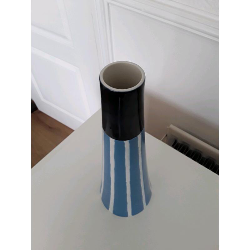 Blue striped/black topped tubular vase (Peterlee)