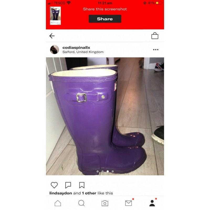 Women?s genuine purple Hunter wellies UK size 4 excellent condition only worn a few times