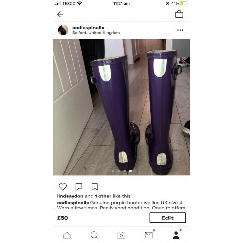 Women?s genuine purple Hunter wellies UK size 4 excellent condition only worn a few times